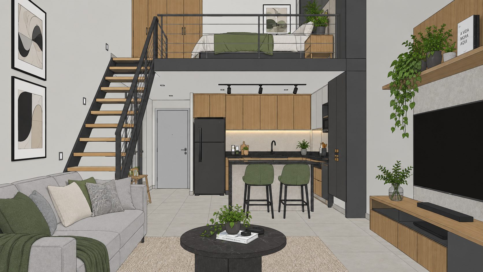 Projeto antes do render: cozinha planejada, painel de TV, mezanino e escada em traço de projeto